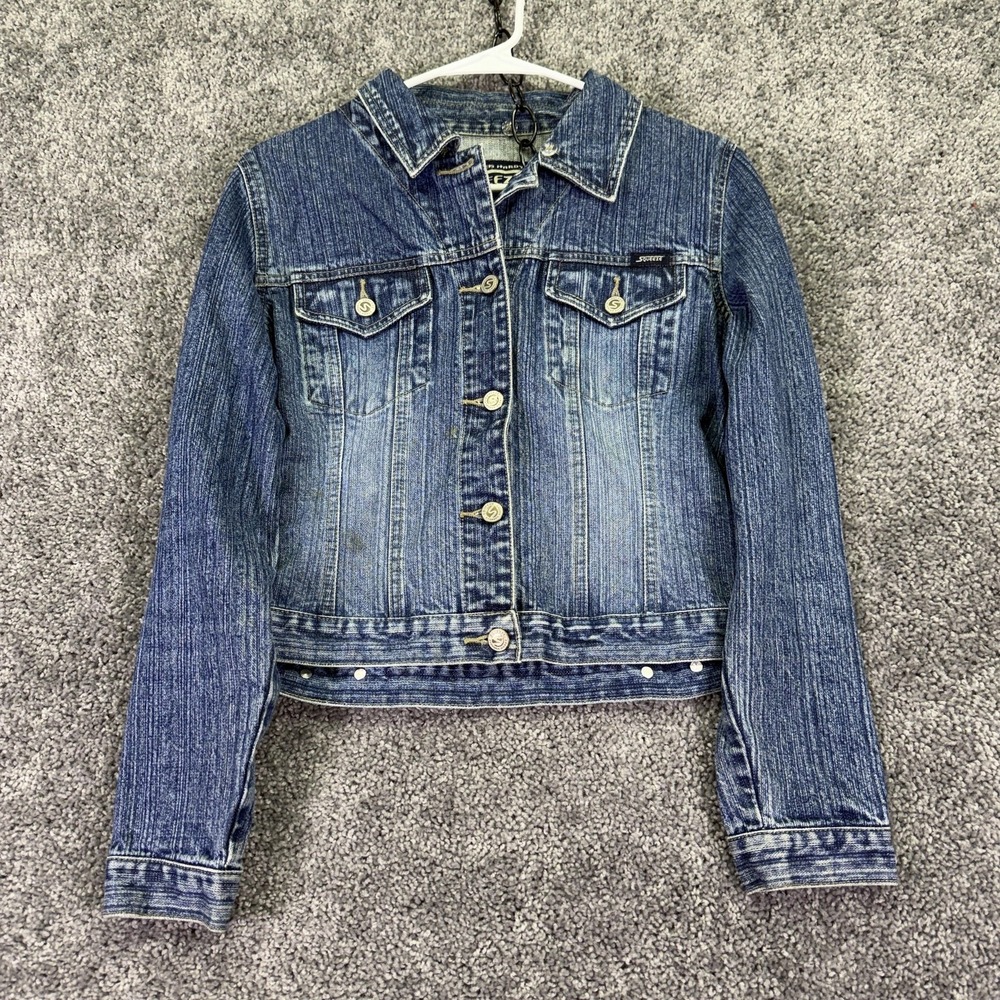 Squeeze Jacket Womens Medium Blue Denim Button Front Collared Casual Short